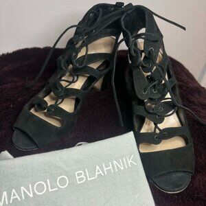 Manolo Blahnik Attal Black Suede Lace-Up Cage Block Heel Sandals